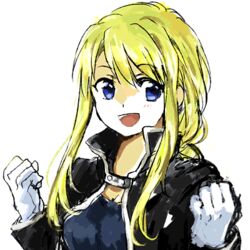  :d black_jacket blonde_hair blue_eyes blue_shirt breasts clenched_hands close-up commentary_request cosplay edward_elric edward_elric_(cosplay) female fullmetal_alchemist gloves happy jacket long_hair looking_away lowres open_mouth shirt simple_background smile solo tsukuda0310 upper_body white_background white_gloves winry_rockbell 