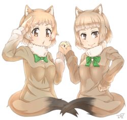  2girls animal_ears black-tailed_prairie_dog_(kemono_friends) black-tailed_prairie_dog_(kemono_friends)_(cosplay) blunt_bangs bow bowtie brown_eyes brown_sweater closed_mouth commentary cosplay extra_ears fur_collar green_bow hand_on_own_hip hand_to_forehead hand_up hands_up highres holding_hands interlocked_fingers kemono_friends light_brown_hair long_sleeves looking_at_viewer mole mole_under_eye multiple_girls open_mouth salute short_hair shoulder-to-shoulder sidelocks simple_background smile sweater tail thin_(suzuneya) upper_body white_background 