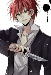  1boy akabane_karma ansatsu_kyoushitsu commentary_request holding holding_weapon knife kunugigaoka_middle_school_uniform looking_at_viewer male_focus nya_(13399869) red_hair school_uniform simple_background solo upper_body weapon white_background yellow_eyes 