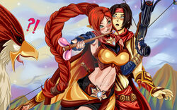  1boy armpits arrow bandana bird black_hair blush bow_(weapon) bracer braid braided_ponytail breasts cassie_(paladins) commentary crossbow english_commentary fantasy female ferenand flirting framed_breasts gold_trim green_eyes large_breasts long_hair long_ponytail miniskirt navel paladins red_hair sha_lin shorts shorts_under_skirt skirt very_long_hair watermark weapon 