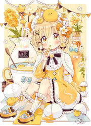  ahoge animal bird blonde_hair blush braid capelet chick commentary_request cup diagonal-striped_legwear dress egg egg_yolk female frilled_dress frills full_body fur-trimmed_capelet fur_trim hair_between_eyes hair_ornament hairclip hand_up hat highres holding knees_up long_sleeves mob_cap orange_eyes original partial_commentary pennant personification puffy_long_sleeves puffy_sleeves rabbit sakura_oriko shoes signature sitting socks solo spoon string_of_flags white_capelet white_hat white_socks x_hair_ornament yellow_dress yellow_footwear 