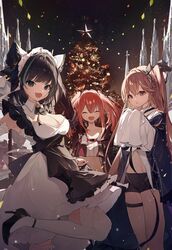  3girls :d :o absurdres amari anchorage_(azur_lane) animal_ears apron aqua_eyes arm_up armpits azur_lane bare_shoulders black_apron black_footwear black_ribbon blue_jacket blunt_bangs breasts bremerton_(azur_lane) brown_hair buckle cheshire_(azur_lane) christmas christmas_tree cleavage closed_mouth collarbone commentary crop_top crossed_bangs detached_sleeves dress fake_animal_ears frilled_hairband frills grey_hair hair_between_eyes hair_intakes hair_ornament hairband hands_up headgear high_heels highres hood hood_down hooded_jacket jacket large_breasts long_hair long_sleeves looking_at_viewer maid_headdress midriff multicolored_hair multiple_girls night no_mole oerba_yun_fang open_clothes open_jacket open_mouth outdoors pine_tree pink_hair puffy_detached_sleeves puffy_sleeves purple_eyes ribbon ribbon_between_breasts shirt short_hair short_shorts shorts sidelocks skin_fang skirt_hold sleeveless sleeveless_dress sleeves_past_fingers sleeves_past_wrists smile snap-fit_buckle standing standing_on_one_leg streaked_hair string_of_flags thigh_strap thighhighs tree twintails two-tone_hair underbust very_long_hair very_long_sleeves white_dress white_shirt white_thighhighs 