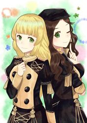  2girls black_headwear black_jacket black_skirt blonde_hair blunt_bangs breasts brown_hair cabbie_hat commentary_request dorothea_arnault fire_emblem fire_emblem:_three_houses garreg_mach_monastery_uniform green_eyes hand_up hat highres index_finger_raised ingrid_brandl_galatea jacket juliet_sleeves large_breasts long_hair long_sleeves looking_at_viewer multiple_girls otokajife puffy_sleeves skirt skirt_set smile upper_body 