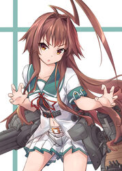  ahoge belt belt_buckle brown_eyes brown_hair buckle cowboy_shot female highres huge_ahoge kantai_collection kuma_(kancolle) kuma_kai_ni_(kancolle) long_hair machinery minosu open_mouth pleated_skirt rigging school_uniform serafuku short_sleeves skirt solo turret white_belt white_skirt 