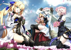  4girls ahoge armor armored_dress artoria_caster_(fate) artoria_caster_(third_ascension)_(fate) artoria_pendragon_(fate) baggy_pants bare_shoulders black_bow black_dress black_footwear black_gloves black_thighhighs blonde_hair blue_bow blue_eyes blue_sky blush boots bow braid breasts button_eyes buttons center_opening cleavage cleavage_cutout closed_eyes clothing_cutout dress elbow_gloves fate/grand_order fate_(series) field flower flower_field flower_wreath foo_(pixiv54892036) gloves green_eyes grey_hair habetrot_(fate) hairbow half_up_braid hat head_wreath highres hood hooded_jacket jacket kneeling large_breasts light_purple_hair long_hair long_sleeves looking_at_viewer mash_kyrielight medium_breasts morgan_le_fay_(fate) multiple_girls open_mouth pants parody pelvic_curtain pink_hair pink_headwear pink_jacket pointy_ears ponytail purple_gloves red_eyes seiza short_hair sidelocks sitting sky small_breasts smile style_parody sword takeuchi_takashi_(style) thigh_boots thigh_strap thighhighs thighs twintails two-tone_dress very_long_hair weapon white_dress white_pants wide_sleeves 