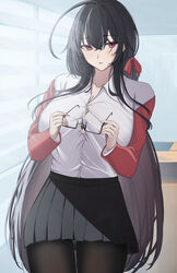  ahoge azur_lane black_bra black_hair black_pantyhose black_skirt bra breasts button_gap cleavage commentary crossed_bangs dress_shirt female hair_ribbon highres holding holding_removed_eyewear indoors jacket large_breasts long_hair long_sleeves off_shoulder official_alternate_costume pantyhose parted_lips pleated_skirt rectangular_eyewear red_eyes red_jacket red_ribbon ref_(pmxt4483) ribbon school_uniform semi-rimless_eyewear shirt shirt_tucked_in sidelighting skirt solo taihou_(azur_lane) taihou_(sweet_time_after_school)_(azur_lane) under-rim_eyewear underwear unworn_eyewear very_long_hair 