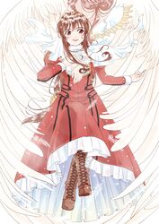  absurdres angel angel_wings boots brown_eyes brown_footwear brown_hair capelet commission cross-laced_footwear crossed_legs dress english_commentary erica_fontaine female highres hug hug_from_behind kou_(kounotori69) lace-up_boots looking_to_the_side open_hand red_dress sakura_taisen sakura_taisen_iii second-party_source skeb_commission smile solo_focus white_capelet wings 