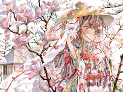  ajirogasa brown_hair female flower hat highres japanese_clothes kimono long_hair original outdoors painting_(medium) petals purple_eyes red_ribbon ribbon solo traditional_media watercolor_(medium) winter yellow_hat yukoring 