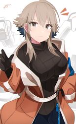  ahoge arknights belt breasts brown_eyes brown_gloves brown_hair cowboy_shot female gloves highres jacket long_sleeves mayer_(arknights) mechanical_arms open_clothes open_jacket orange_jacket ribbed_sweater sakuragi_raia short_hair short_hair_with_long_locks smile solo sweater 