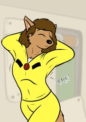  alan_foreman anthro black_nose bowman&#039;s_wolf brown_body brown_fur brown_hair canid canine canis closed_eyes clothed clothing female flat_chested florence_ambrose freefall_(webcomic) fur hair mammal red_wolf solo stretching wolf 