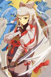  absurdres aged_down brown_eyes commentary eiryu33 eye_symbol female forehead_tattoo grey_hair hat_on_back highres holding holding_sword holding_weapon hyrule_warriors:_age_of_calamity impa katana light_blush long_hair looking_at_viewer low-tied_long_hair pointy_ears reverse_grip sheikah sidelocks smile sword the_legend_of_zelda the_legend_of_zelda:_breath_of_the_wild very_long_hair weapon 