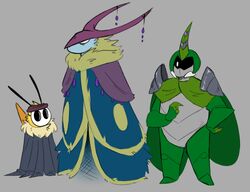  1_horn 2021 ambiguous_gender antennae_(anatomy) anthro arthropod bee beetle black_outline bug_fables cloak clothing cosplay crossover crossover_cosplay digital_media_(artwork) dooblebugs female_(lore) flat_colors grey_background group hi_res hollow_knight horn hymenopteran insects kabbu_(bug_fables) leif_(bug_fables) lepidopteran male markoth_(hollow_knight) mask moonsprout_games moth mouthless outline simple_background team_cherry the_knight_(hollow_knight) trio vi_(bug_fables) weapon_on_back 