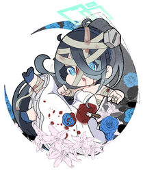  ahoge aris_(blue_archive) bandaged_arm bandages bare_shoulders black_hair blood blood_from_mouth blood_on_clothes blue_archive blue_eyes blue_flower blue_footwear blue_hairband blue_rose breasts chibi commentary_request crescent dress female flower full_body hair_between_eyes hairband halo knife long_hair long_hair_between_eyes looking_at_viewer medium_breasts nyaru_(nyaru_4126) object_through_head oerba_yun_fang open_mouth patchwork_skin rose screw_in_head shoe_soles shoes simple_background solo strapless strapless_dress very_long_hair white_background white_dress 