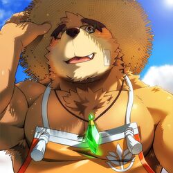  1boy bandaid bandaid_on_cheek bandaid_on_face bara bare_shoulders bear_boy blush brown_fur farmer forked_eyebrows from_below furry furry_male hat jewelry large_pectorals male_focus muscular muscular_male naked_overalls necklace oerba_yun_fang overalls pectoral_cleavage pectorals rossciaco sideburns sidepec solo straw_hat sunlight thick_eyebrows tokyo_afterschool_summoners upper_body volos_(housamo) 