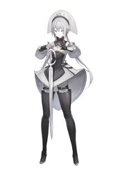  boots breasts commentary_request dress female floating floating_object floating_weapon full_body grey_dress grey_hair highres km_yama long_hair long_legs looking_at_viewer medieval original pale_skin small_breasts solo standing sword thigh_boots thighhighs weapon white_background yellow_eyes 