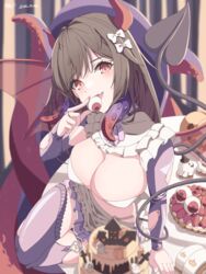  absurdres azur_lane bad_id bad_pixiv_id breasts brown_hair cake demon_horns demon_tail eyeball female food highres holding_eyeball horns icing looking_at_viewer on_table pumpkin red_eyes royal_fortune_(azur_lane) royal_fortune_(treats_from_the_deep)_(azur_lane) solo sunebu_(snake_boo2) table tail tentacle wings 