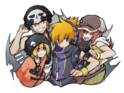  2boys 2girls :o ;d armband arms_at_sides badge beanie bell bitou_daisukenojou bitou_raimu black_headwear blonde_hair blue_eyes bone brown_eyes cabbie_hat chain_necklace chains coat dog_tags grin hand_on_head hat headphones heart hood hoodie jacket jewelry long_hair midriff misaki_shiki multiple_boys multiple_girls necklace one_eye_closed open_mouth orange_hair overcoat red_hair sakuraba_neku shirt short_hair simple_background skirt skull sleeveless sleeveless_hoodie smile spiked_hair stuffed_animal stuffed_cat stuffed_toy subarashiki_kono_sekai umesasami white_background white_shirt yellow_jacket 