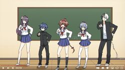  1boy 3girls ahoge black_hair black_pants black_shirt blue_eyes blue_hair blue_sailor_collar blue_skirt braid braided_ponytail brown_eyes brown_hair chalkboard closed_eyes closed_mouth collared_shirt commentary contrapposto dot_mouth fake_video flower foreshortening full_body gakuran grey_hair hair_flower hair_ornament hair_rings hairband hand_on_own_hip hare_hare_yukai indoors long_hair luo_tianyi minahoshi_taichi miniskirt mo_qingxian multiple_girls neckerchief open_clothes open_mouth open_shirt outstretched_arm pants parody pleated_skirt pointing purple_hair red_neckerchief sailor_collar school_uniform serafuku shirt skirt smile standing suzumiya_haruhi_no_yuuutsu v-shaped_eyebrows very_long_hair vocaloid vsinger white_footwear white_hair white_shirt wide_shot wooden_floor yellow_flower youtube yuezheng_ling yuezheng_longya zhiyu_moke 