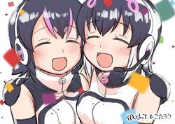  2girls african_penguin_(kemono_friends) animal_costume black_hair gloves headphones highres humboldt_penguin_(kemono_friends) kemono_friends kemono_friends_v_project long_hair multicolored_hair multiple_girls open_mouth penguin_costume shirt short_hair simple_background skirt smile taguchi_makoto translation_request virtual_youtuber white_background 