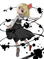  bad_id bad_pixiv_id black_skirt black_vest blonde_hair commentary darkness female floating from_behind hair_ribbon highres kayon_(touzoku) long_sleeves looking_at_viewer looking_back messy_hair outstretched_arms red_footwear ribbon rumia shaft_look shirt short_hair simple_background skirt smile socks solo spread_arms touhou umbrakinesis vest white_background white_shirt white_socks 