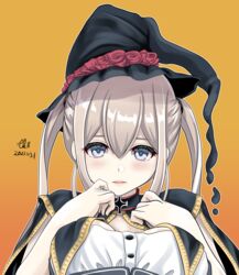  artist_name black_headwear blonde_hair blue_eyes blush buttons cape dated eyebrows_visible_through_hair female gradient gradient_background graf_zeppelin_(kancolle) hair_between_eyes halloween halloween_costume hat highres kantai_collection long_hair looking_at_viewer orange_background portrait sidelocks signature solo tk8d32 twintails witch_hat 