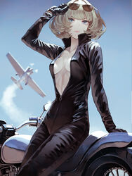  aircraft airplane aviator_sunglasses biker_clothes bikesuit black_gloves blue_eyes blue_sky bodysuit breasts breasts_apart collarbone contrail eyewear_lift eyewear_on_head female gloves green_eyes has_bad_revision highres idolmaster idolmaster_cinderella_girls kaoming leaning_against_motorcycle light_brown_hair lips medium_breasts mole mole_under_eye motor_vehicle motorcycle outdoors partially_unzipped propeller sky solo sunglasses sweat takagaki_kaede 