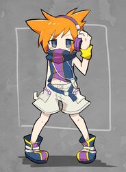  1boy arm_at_side armband belt black_footwear blue_eyes blush chibi covered_mouth furrowed_brow grey_background hand_on_headphones headphones hood hoodie loose_belt maikel1018 male_focus orange_hair sakuraba_neku short_hair shorts simple_background sleeveless sleeveless_hoodie solo spiked_hair subarashiki_kono_sekai white_shorts 