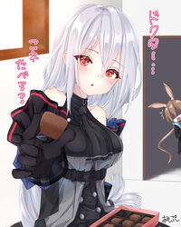  2girls ^^^ amiya_(arknights) amopui animal_ears arknights bad_id bad_pixiv_id black_dress black_gloves black_jacket blush box box_of_chocolates breasts brown_hair buttons chocolate commentary detached_sleeves double-breasted dress food frilled_sleeves frills gloves hair_between_eyes highres holding holding_chocolate holding_food jacket long_hair looking_at_viewer medium_breasts multiple_girls open_mouth outstretched_hand peeking_out ponytail pov rabbit_ears reaching reaching_towards_viewer red_eyes shaded_face signature sitting skadi_(arknights) skadi_(elite_ii)_(arknights) solo_focus translated white_hair 