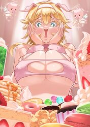  +_+ absurdres ahoge angel angel_wings animal_ears bare_shoulders blonde_hair blush breasts cake cake_slice candy cherry cleavage_cutout clothing_cutout colored_eyelashes colored_skin commentary_request cup cupcake doughnut eyelashes female food fruit green_eyes hair_between_eyes hair_intakes hairband halo hands_on_own_cheeks hands_on_own_face hands_up highres izumida_fuyuki jeanne_(kanan-sama) kanan-sama_wa_akumade_choroi large_breasts lollipop macaron open_mouth pancake pancake_stack parfait pig_ears pig_girl pig_nose pig_tail pink_skin raised_eyebrows short_hair sidelocks skindentation sparkle strawberry strawberry_shortcake sweat syrup tail upper_body whipped_cream white_hairband wings 