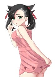  absurdres ass black_hair blush breasts commentary_request dress dress_tug earrings female green_eyes highres jewelry maho_(corotonton5150) marnie_(pokemon) medium_breasts open_mouth pink_dress pokemon pokemon_swsh short_dress simple_background solo stud_earrings twintails white_background 