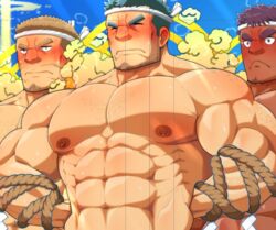  3boys abs aether_deity_(housamo) arm_hair arms_behind_back back_hair bandaid bandaid_on_face bara beard_stubble big_nose blue_hair blush body_hair bound bound_arms chest_hair cropped dark-skinned_male dark_skin ear_blush facial_hair hachimaki hairy halo halo_behind_head head_steam headband huge_eyebrows karakuraax large_pectorals light_brown_hair male_focus mature_male multiple_boys muscular muscular_male mustache_stubble navel nether_deity_(housamo) nipples old old_man pectorals rope short_hair shy sideburns sparse_chest_hair stomach strongman_waist stubble sweat thick_eyebrows tokyo_afterschool_summoners topless_male translation_request upper_body v-shaped_eyebrows very_sweaty water_deity_(housamo) wrinkled_skin 