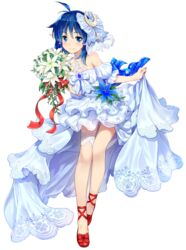  ahoge amagai_tarou bare_shoulders blue_eyes blue_hair blush bouquet bow bride crescent crescent_hair_ornament dress female flower frills hair_ornament legs medium_hair official_art pointy_ears red_footwear rena_lanford smile solo star_ocean star_ocean_anamnesis star_ocean_the_second_story thigh_strap transparent_background wedding_dress white_dress 