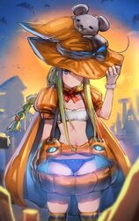  bandeau bat_(animal) blue_panties bow_(bhp) bra cape closed_mouth commentary_request female gloves green_hair halloween_costume hand_on_headwear hand_up hat hat_over_one_eye long_hair looking_at_viewer mouse_on_head neck_ribbon one_eye_covered orange_cape orange_hat original panties puffy_short_sleeves puffy_sleeves red_ribbon revision ribbon short_sleeves solo standing strapless tube_top underwear white_bra white_gloves witch_hat 