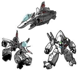  aircraft airplane assault_visor canards canopy_(aircraft) chibi clenched_hand energy_cannon english_commentary fighter_jet gerwalk highres jeff_sorley jet macross macross_m3 mecha military military_vehicle no_humans open_hand robot roundel science_fiction u.n._spacy variable_fighter variant_set vf-9 white_background 