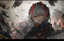  :d ahoge alternate_hair_length alternate_hairstyle arknights artist_name bandage_on_face bandages bird black_jacket blood building burning city commentary crownslayer_(arknights) demon_horns english_commentary english_text eyelashes fangs feathers female fire frostnova_(arknights) grey_hair grey_sky hair_between_eyes highres horns injury jacket letterboxed long_hair looking_at_viewer multicolored_hair open_mouth outdoors patriot_(arknights) photoshop_(medium) red_eyes red_hair reunion_soldier_(arknights) ruins silhouette sky smile smoke solo_focus strap streaked_hair torn_clothes two-tone_hair upper_body w_(arknights) zzz_(orchid-dale) 