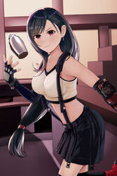  absurdres bad_id bad_pixiv_id bar_(place) black_hair black_skirt black_thighhighs boots bracer breasts closed_mouth cocktail_shaker crop_top dangle_earrings earrings elbow_pads female final_fantasy final_fantasy_vii final_fantasy_vii_remake fingerless_gloves gloves highres indoors jewelry konbanwa01 light_smile long_hair looking_at_viewer low-tied_long_hair medium_breasts midriff navel pleated_skirt red_eyes red_footwear skirt solo standing standing_on_one_leg suspender_skirt suspenders tank_top thighhighs throwing tifa_lockhart tossing very_long_hair white_tank_top zettai_ryouiki 