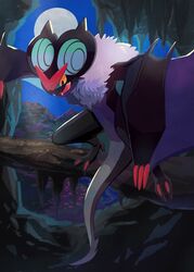  branch commentary fangs highres looking_down moon mo~zu night no_humans noivern open_mouth outdoors pokemon pokemon_(creature) sky solo standing symbol-only_commentary tongue yellow_eyes 