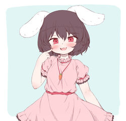  :3 :d animal_ears aqua_background arinu black_hair carrot_necklace commentary dress female floppy_ears highres inaba_tewi jewelry looking_at_viewer necklace open_mouth outside_border pink_dress rabbit_ears red_eyes short_hair short_sleeves simple_background smile solo standing touhou 