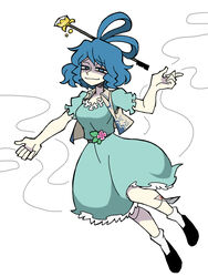  ankle_socks black_footwear blue_dress blue_eyes blue_hair chisel closed_mouth commentary dress eddybird55555 english_commentary female flower full_body hair_ornament hair_rings hair_stick half-closed_eyes highres kaku_seiga looking_at_viewer pink_flower ringed_eyes short_hair short_sleeves simple_background smile socks solo ten_desires touhou vest white_background white_socks white_vest 