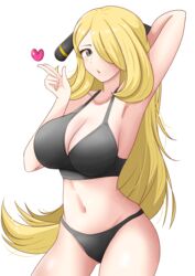  :o absurdres arm_up black_bra black_panties bra breasts cleavage commentary_request cowboy_shot cynthia_(pokemon) female hair_ornament hair_over_one_eye heart highres large_breasts long_hair looking_at_viewer maho_(corotonton5150) navel open_mouth panties pokemon pokemon_dppt simple_background solo stomach underwear underwear_only very_long_hair white_background 