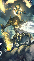  1boy armor au_ra black_horns black_mage_(final_fantasy) blue_hair blunt_bangs breastplate breasts brown_hair detached_sleeves dragon_girl dragon_horns elezen elf female fighting_stance final_fantasy final_fantasy_xiv fire full_moon gauntlets glowing glowing_armor hide_(hideout) highres holding holding_shield holding_staff holding_sword holding_weapon horns knight leaning_forward looking_at_viewer looking_to_the_side medium_breasts medium_hair midriff moon navel night night_sky outdoors outstretched_arms paladin_(final_fantasy) parted_lips pointy_ears scales shield shoulder_armor sky smile spikes spread_arms staff star_(sky) starry_sky stomach sword v-shaped_eyebrows warrior_of_light_(ff14) weapon 