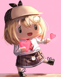  :d absurdres blonde_hair bob_cut chibi commentary dayshiart deerstalker female hair_ornament hat heart highres hololive hololive_english necktie open_mouth parody pink_hair plaid plaid_skirt pocket_watch simple_background skirt smile smol_ame solo style_parody valentine virtual_youtuber walfie_(style) watch watson_amelia watson_amelia_(1st_costume) |_| 