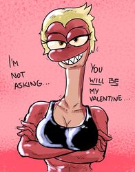  2021 amphibia_(series) amphibian anthro bra breasts cleavage clothed clothing crossed_arms disney english_text female general_yunan hi_res holidays looking_at_viewer newt salamander sharp_teeth solo teeth text thedarkzircon underwear valentine&#039;s_day 