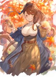  alternate_costume asymmetrical_bangs autumn_leaves ayacho beatrix_(granblue_fantasy) belt blue_coat blue_ribbon blurry blurry_background blurry_foreground breasts brown_belt brown_hair brown_skirt casual coat commentary_request commission contemporary cropped_legs female floating_hair food food_on_face food_wrapper granblue_fantasy green_eyes grin hair_ribbon hand_up high-waist_skirt highres incoming_food large_breasts leaf long_hair long_sleeves looking_at_viewer maple_leaf off_shoulder one_eye_closed open_clothes open_coat outdoors ponytail ribbon roasted_sweet_potato shirt skeb_commission skirt smile solo steam suspender_skirt suspenders sweet_potato taut_clothes taut_shirt very_long_hair white_shirt 