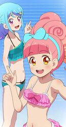  2girls :d aikatsu!_(series) aikatsu_friends! aqua_bikini armpit_crease ass awa bandeau bikini bikini_skirt black_bikini blue_background blue_bow blue_hair blue_hairband blunt_bangs blush bow bow_bikini bow_hairband braid clenched_hand collarbone commentary_request cowboy_shot curly_hair flat_chest french_braid frilled_bikini frills from_side gradient_background gradient_hair groin hair_ornament hair_up hairband hairbow halterneck hand_on_own_hip hand_up high_ponytail highleg highleg_bikini highres index_finger_raised layered_bikini long_hair looking_at_viewer medium_hair minato_mio multicolored_hair multiple_girls navel open_mouth orange_eyes outstretched_arm pink_bikini pink_hair ponytail purple_eyes purple_hair selfie sidelocks smile standing star_(symbol) star_hair_ornament striped striped_background swept_bangs swimsuit teeth upper_body upper_teeth_only yuki_aine 