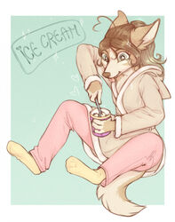  2022 4_toes anthro border brown_hair canid canine clothed clothing cotton_(yshanii) dessert digital_media_(artwork) feet female food footwear fully_clothed fur green_background hair heart_symbol hi_res holding_food holding_object ice_cream mammal simple_background sitting socks solo sparkles tan_body tan_fur toes white_border yshanii 