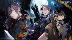  1boy 2girls :d absurdres ahoge animal_ears arknights black_gloves brown_eyes brown_hair cat_ears full_moon gloves grey_eyes grey_hair grey_jacket highres jacket ji_mag_(artist) mayer_(arknights) mayer_(visionblazer_in_the_courtyard)_(arknights) moon multiple_girls night night_sky official_alternate_costume official_art phantom_(arknights) phantom_(dream_within_a_dreammare)_(arknights) shaw_(arknights) shaw_(cleansweeper_in_the_castle)_(arknights) short_hair sky smile squirrel_tail tail thigh_strap white_jacket yellow_eyes 