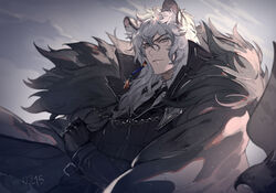  1boy animal_ear_fluff animal_ears arknights bird black_cape black_coat black_gloves black_necktie cape chains closed_mouth coat commentary_request dated fur-trimmed_cape fur_trim gloves gradient_background grey_background grey_eyes grey_hair hair_between_eyes leopard_boy leopard_ears long_hair long_sleeves looking_at_viewer male_focus necktie ryuuzaki_ichi silverash_(arknights) smile tenzin_(arknights) upper_body v-shaped_eyebrows 