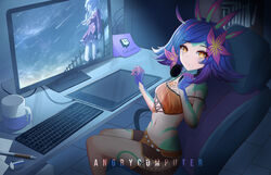  2girls absurdres angrycomputer_studio artist_logo artist_name blue_hair blue_skin borrowed_inset breasts cameo chair charlotte_(anime) cleavage closed_mouth colored_skin commentary commission computer computer_keyboard crop_top cup dark dark_room drawing_tablet english_commentary eraser feet_out_of_frame flower freckles goribote green_skin hair_flower hair_ornament hand_on_headphones hands_up headphones headphones_around_neck highres indoors league_of_legends looking_at_viewer medium_hair midriff monitor mug multicolored_hair multicolored_skin multiple_girls navel neeko_(league_of_legends) no_tail office_chair orange_eyes pencil pink_hair purple_hair purple_skin screen_light shorts sitting slit_pupils small_breasts smile solo_focus stomach strap_slip streaked_hair swivel_chair tablet_pc tomori_nao twitch_logo twitch_username watermark 