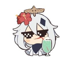  black_scarf blue_hawaii chibi cocktail commentary_request cup deal_with_it_(meme) drinking_glass drinking_straw drinking_straw_in_mouth female flower genshin_impact hair_flower hair_ornament halo hibiscus hurricane_glass ice ice_cube mechanical_halo meme official_art paimon_(genshin_impact) red_flower scarf short_hair solo sunglasses tropical_drink white_hair 